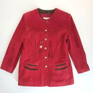 NEW Red Suede Bavarian Country Embroidered Jacket Landhausmode Natural Life 6/8